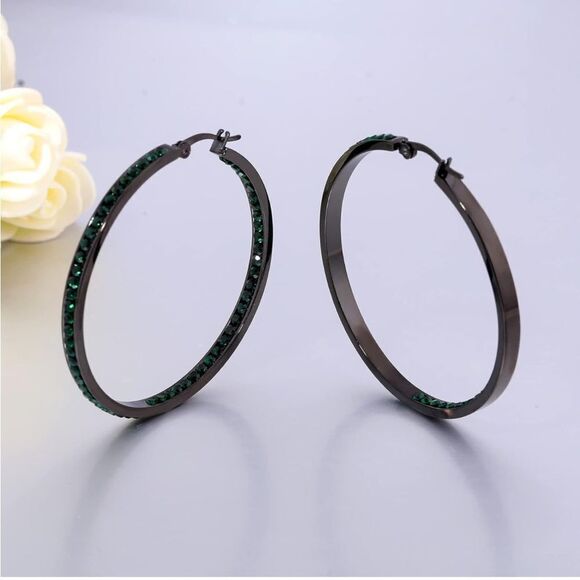 14K Black Gold with Emerald Green Cubic Zirconia Big Hoop Latch Back Earrings - Picture 3 of 6